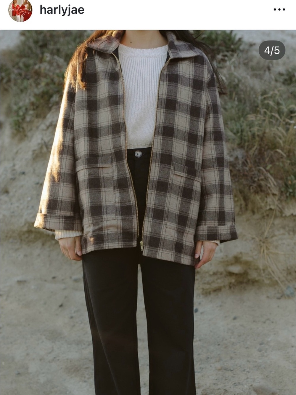 Plaid Zip-Front Utility Jacket in Brown/Beige